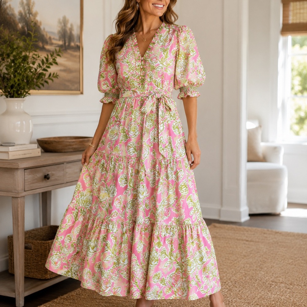Floral Puff-Sleeve Tiered Maxi Dress - Pink & Green